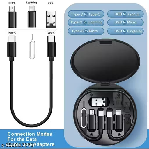 Multifunctional USB Data Cable Set, Storage Boxx with Multi USB Charging Adapter Cable Kit Micro USB A Type C Lighting, Charging and Data Transfer Cable Kit, Card Storage, Tray Eject Pin (Black) pack of 01 }