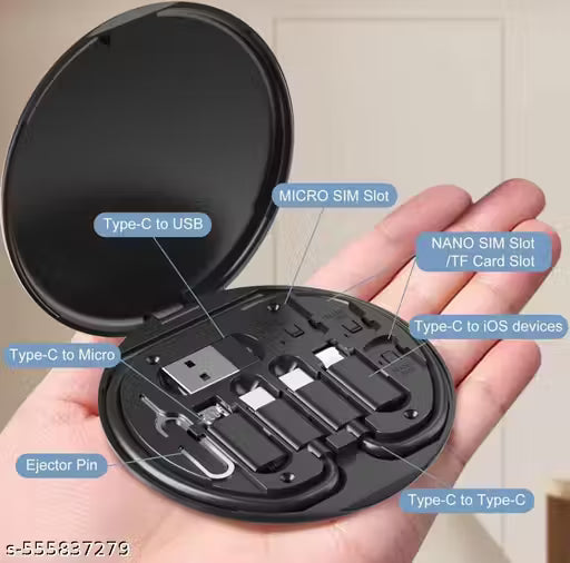 Multifunctional USB Data Cable Set, Storage Boxx with Multi USB Charging Adapter Cable Kit Micro USB A Type C Lighting, Charging and Data Transfer Cable Kit, Card Storage, Tray Eject Pin (Black) pack of 01 }